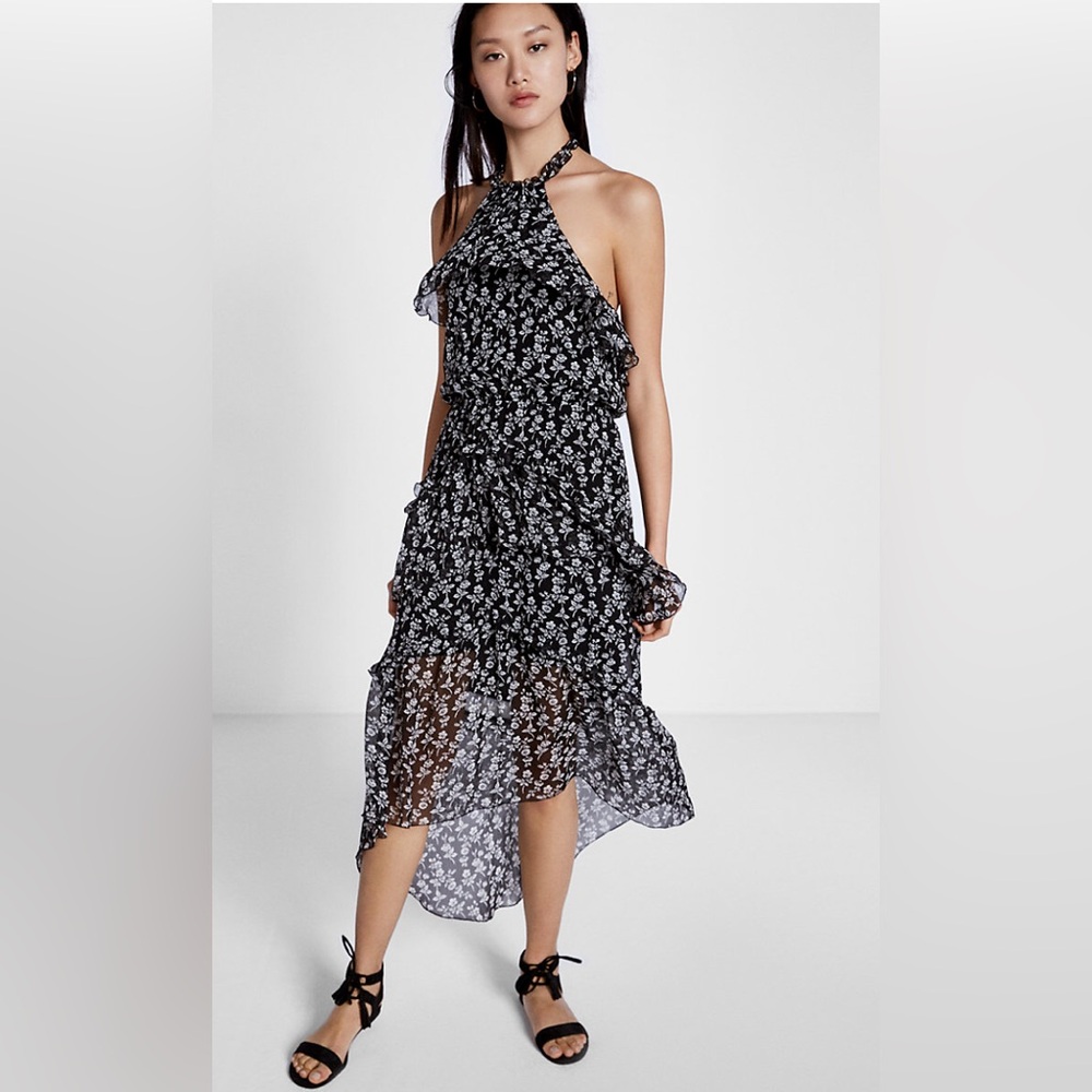 Express Halter Tiered Ruffle Midi Dress Black White Size L